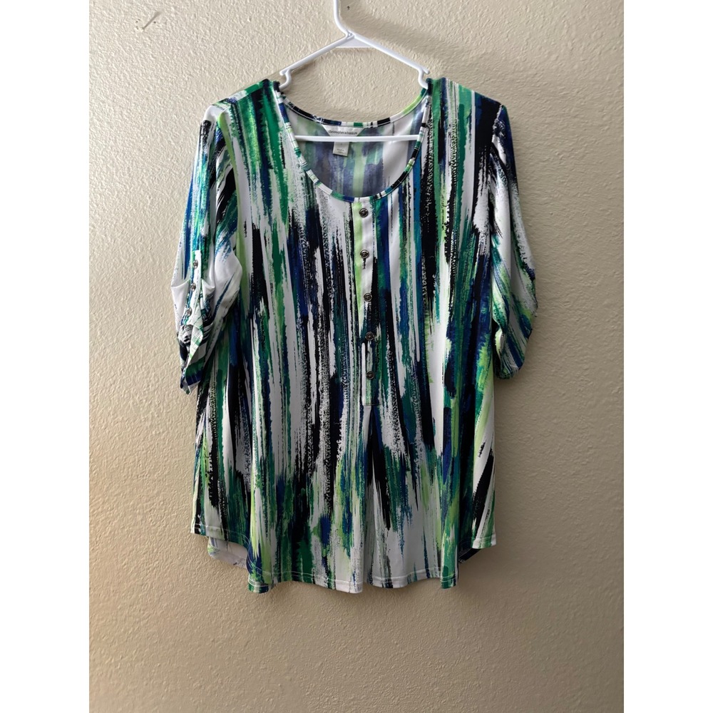 Christopher & Banks Green Blue Abstract Brushstroke Button Tab Blouse L A1076